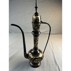 Vintage Brass And Black Etched Surahi Vessel - 18 1/2" Tall